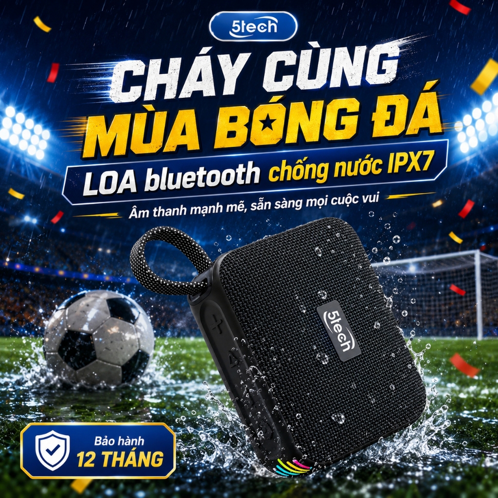 Loa bluetooth 5TECH  chống nước IPX7, loa mini cầm tay di động nghe nhạc cực hay, pin khoảng 4 giờ.