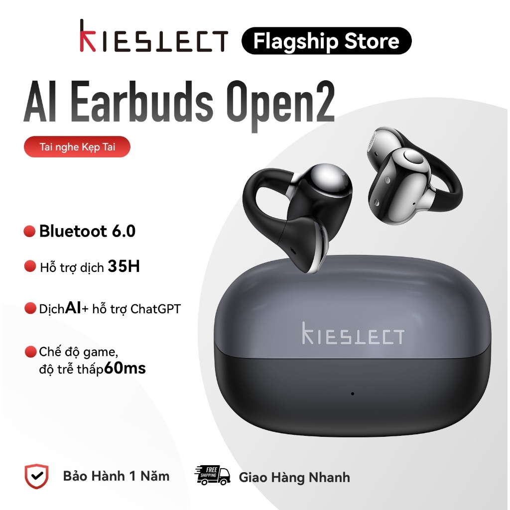 Tai Nghe Kẹp Tai Kieslect Earbuds Open AI| Chống ồn chủ động | Pin 36H | Hiển thị pin | Bluetooth 5.4 độ trễ thấp