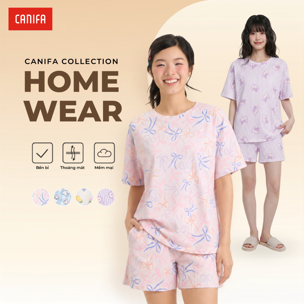 Bộ quần áo nữ chất thun mềm mịn cộc tay quần short in họa tiết CANIFA 6LS26S009