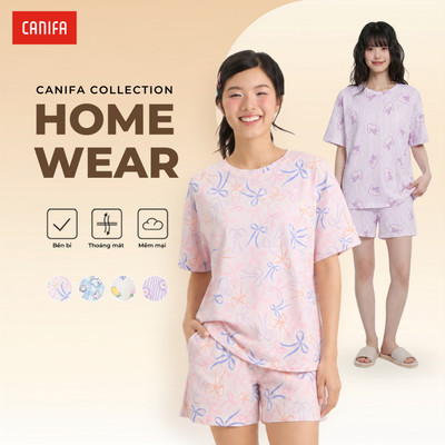Bộ quần áo nữ chất thun mềm mịn cộc tay quần short in họa tiết CANIFA 6LS26S009