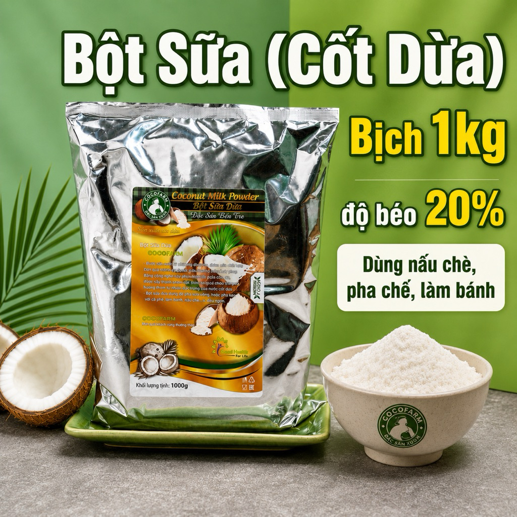 Bột sữa (Cốt) dừa Cocofarm bịch 1Kg độ béo 20% pha chế đồ uống, nấu chè, làm bánh, nấu ăn
