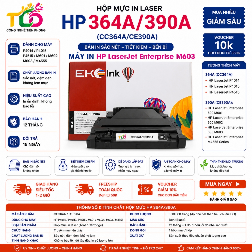 HỘP MỰC IN CHO MÁY HP LaserJet Enterprise M603 - CC364A/CE390A | BẢN IN SẮC NÉT - HIỆU SUẤT CAO - HÀ