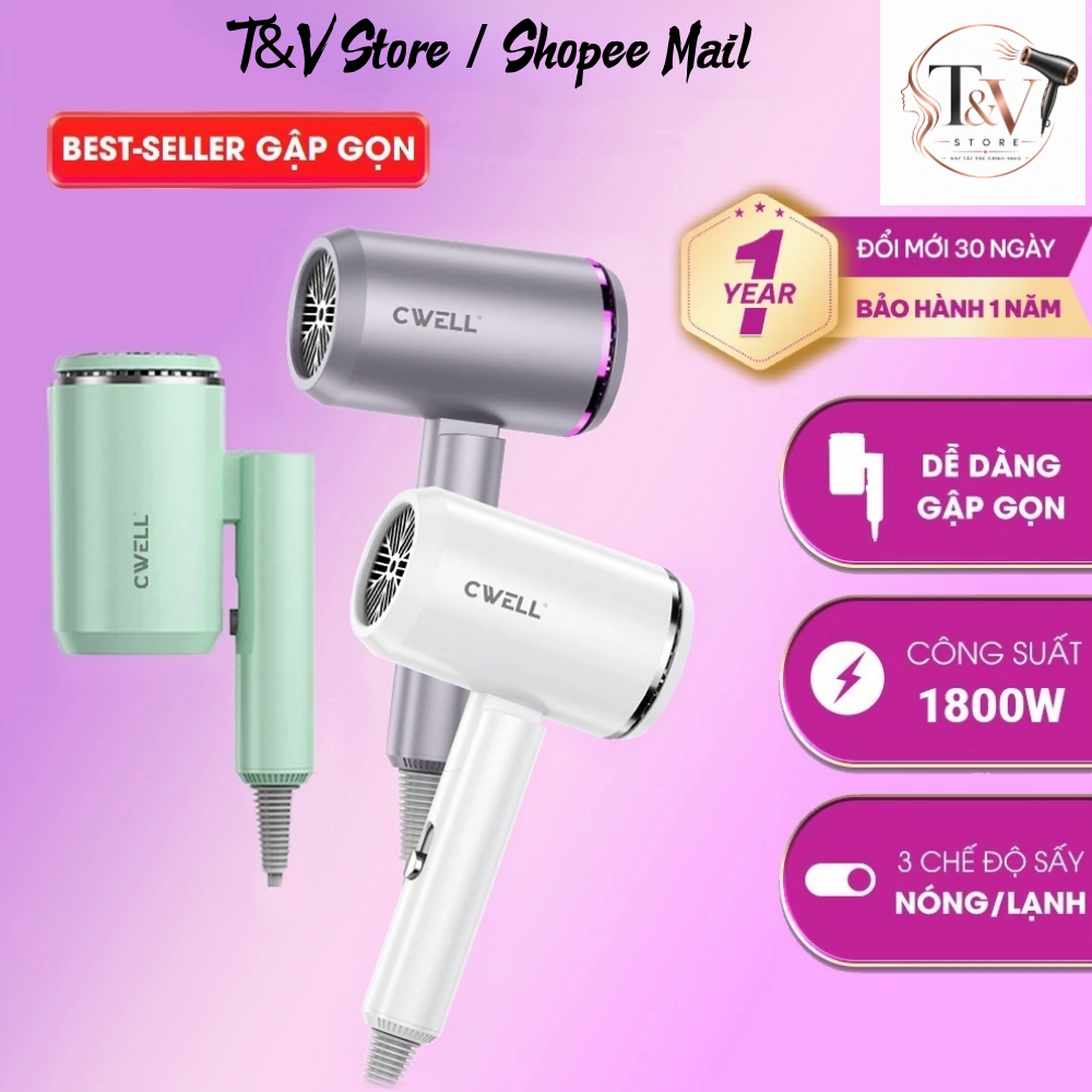 Meli Máy sấy tóc mini CWELL C05HD gấp gọn 1800W, sấy nhanh 3 chế độ nóng ấm mát, NTC
