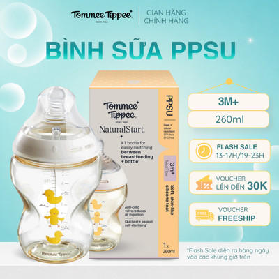Bình Sữa PPSU Ty Siêu Mềm Tự Nhiên Tommee Tippee Natural Start 260ml, Núm Ty Của Bình 3-6 Tháng, Họa Tiết Vàng
