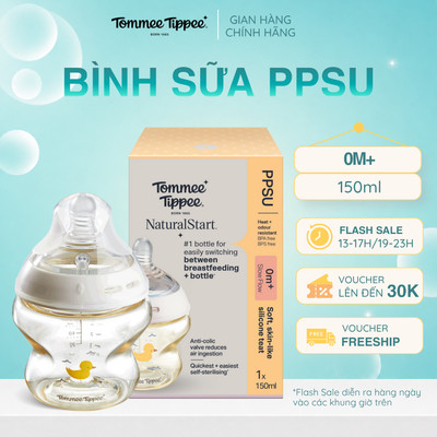 Bình Sữa PPSU Ty Siêu Mềm Tự Nhiên Tommee Tippee Natural Start 150ml, Núm Ty Của Bình 0-3 Tháng, Họa Tiết