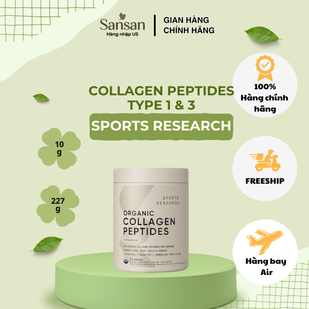 Bột Collagen Peptides Sports Research 227g Không Hương Vị, Collagen Bò Thủy Phân Type 1 & 3, Hỗ Trợ 