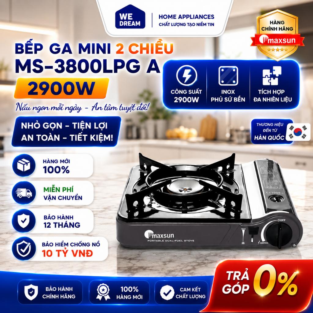 Bếp Ga Mini 2 Chiều Maxsun MS-3800LPG A 2.9kW - Hàng Chính Hãng