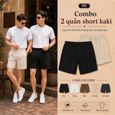 Combo 2 quần short kaki nam MKCLEVER Cạp Chun Thoáng Mát Trẻ Trung, Vận Động Thoải Mái