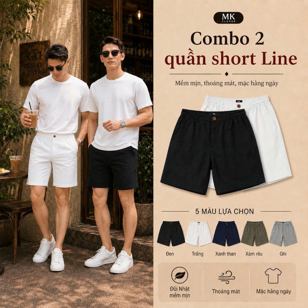 Combo 2 Quần Short Nam Line MK CLEVER chất liệu Đũi Nhật, cạp phối lưng thun thoáng mát trẻ trung
