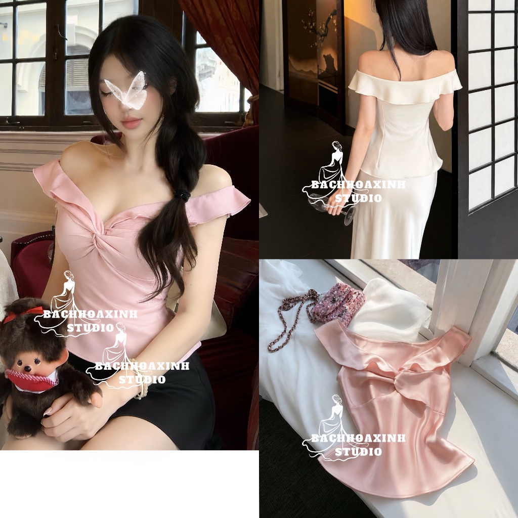 Áo Lụa Avena Trễ Vai Xoắn Ngực – Áo Lụa Tay Bèo Dáng Ôm Thanh Lịch Sang Trọng | BACHHOAXINH