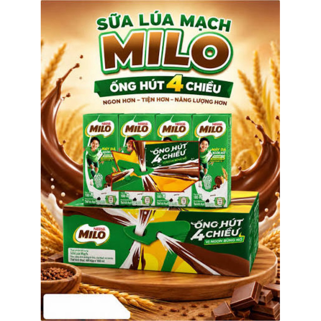 Thùng 48 hộp sữa lúa mạch Milo 180ml (Phiên bản ống hút 4 chiều)