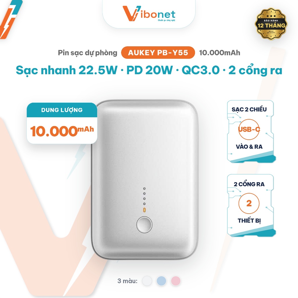 [Hỏa tốc HCM] Pin Sạc Dự Phòng Aukey PB-Y55 10000mAh PD 20W QC3.0 | Chính Hãng Vibonet