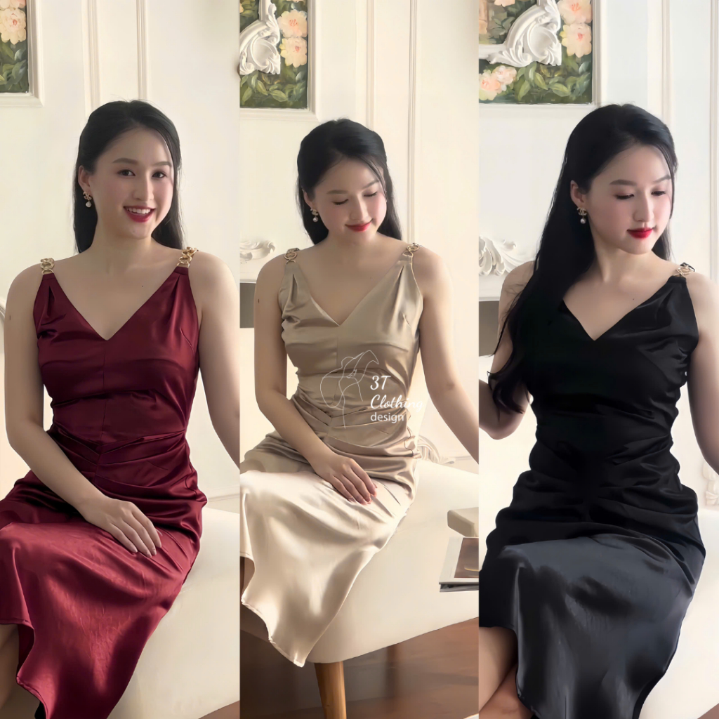 [3T CLOTHING] Váy Đầm Lụa Dự Tiệc 2 Dây Dáng Dài Sang Trọng Xếp Ly Eo Đuôi Cá Có Khóa Kéo Big Size 4