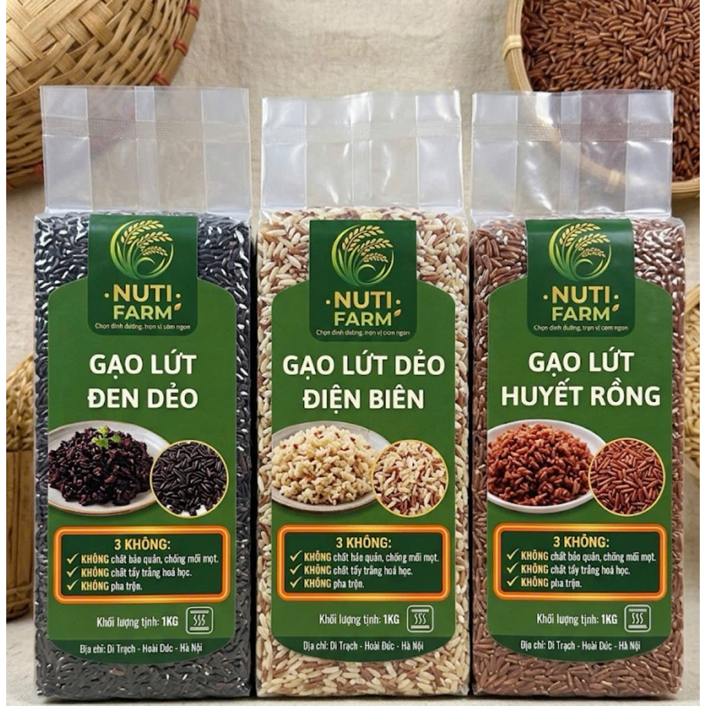 NUTI FARM - [Combo Dùng Thử Tổng 3kg] Gạo Lứt Huyết Rồng, Gạo Lứt Đen, Gạo Lứt Điện Biên