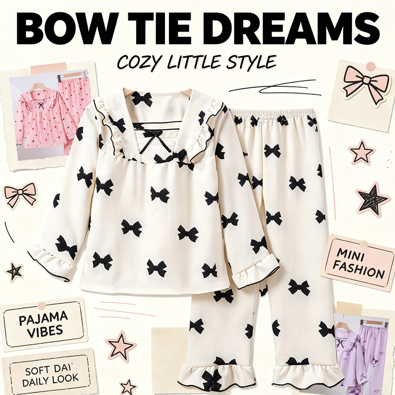 Affordable Kids Teen's Long Sleeve Square Collar Sleepwear Kawaii Poly-cotton Bow Girls Pyjamas for 