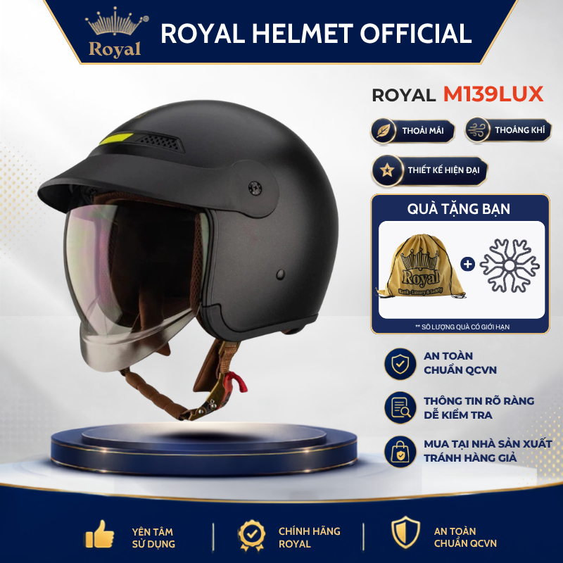Mũ Bảo Hiểm 3/4 Royal M139 Luxury Cao Cấp Cho Nam Nữ, Nón Bảo Hiểm Royal Kính Âm Chống Nắng