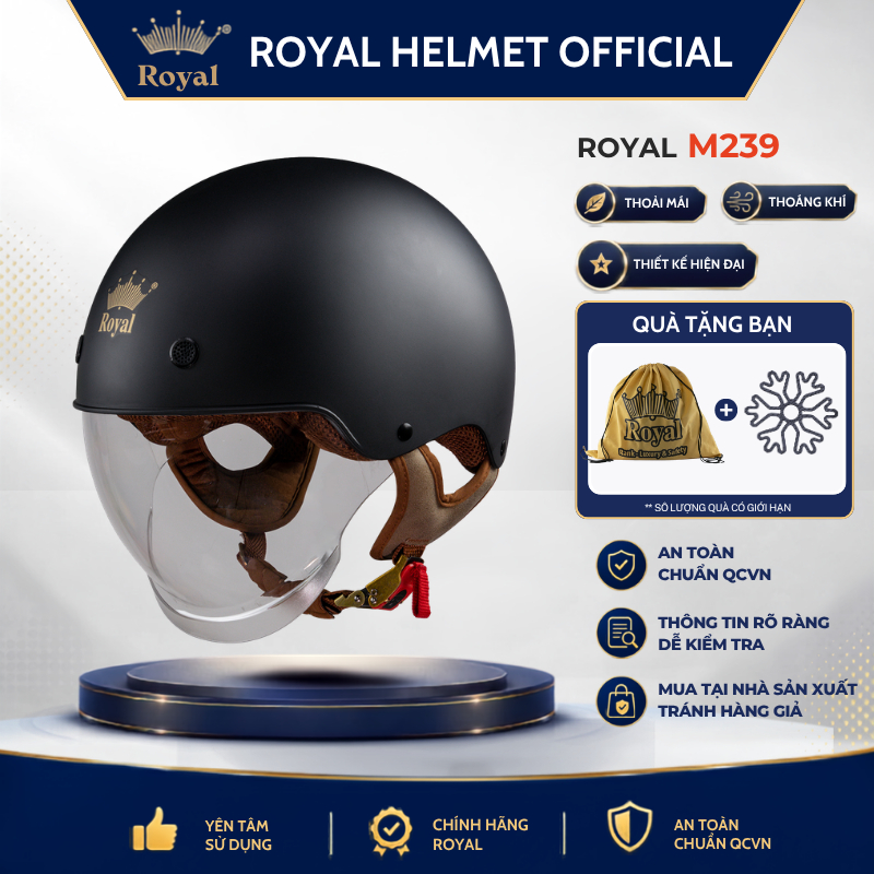 Mũ Bảo Hiểm Royal M239 Nửa Đầu Chính Hãng Kính Âm Dài Chăn Gió Bụi Cho Nam Nữ Bảo Hành 12 Tháng
