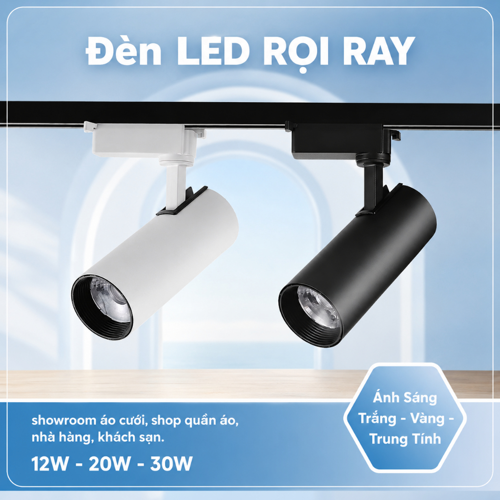 Đèn Rọi Ray Vỏ Đen/ Trắng ,Combo 3 Đèn Rọi Ray +Thanh Ray 1 Mét ,Đèn Led Rọi Ống Bơ Trang Trí SHop, 