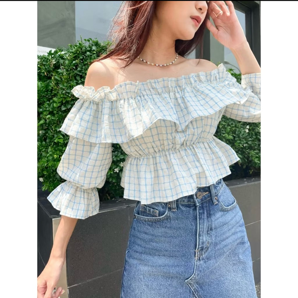 Áo trễ vai tay dài nữ nhẹ nhàng xinh xắn freesize brand Cara club