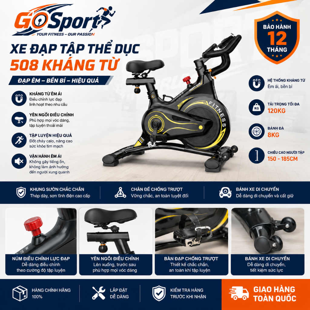 Xe Đạp Tập Thể Dục FITNESS Happy Gam 508/509 Kháng Từ Êm Ái, Điều Chỉnh Lực Cản, Tập Gym Tại Nhà