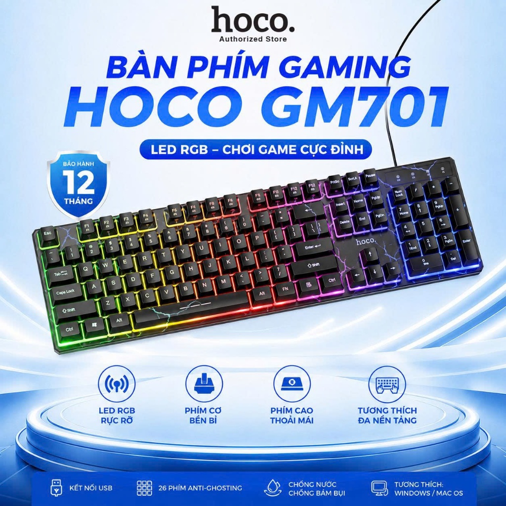 Bàn Phím Gaming Hoco GM701 Cao Cấp, Đèn LED 7 Màu, Bàn Phím Membrane Chơi Game Có Dây Cho PC Laptop Bàn Phím Gaming
