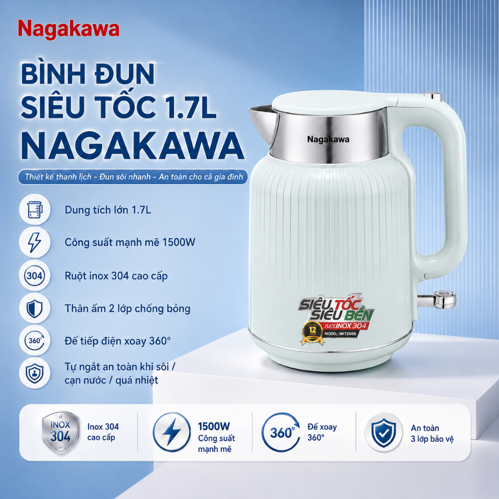 Bình đun siêu tốc Nagakawa NKT2666 1.7L ruột inox 304 cao cấp, công suất 1500W, tự ngắt khi sôi
