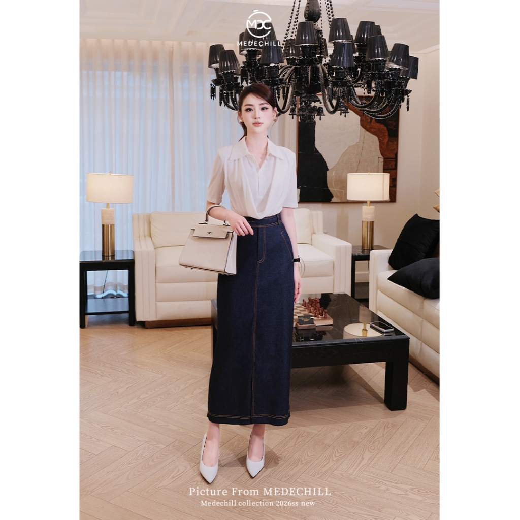 Set Áo Sơ Mi Trắng Cổ Vest Phối Chân Váy Jean Dài Chữ A Cạp Cao Thiết Kế Cao Cấp Medechill S1116