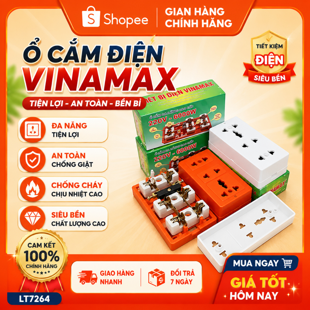 Ổ Cắm Thái 3 Lỗ Lõi Sứ Chính Hãng VINAMAX