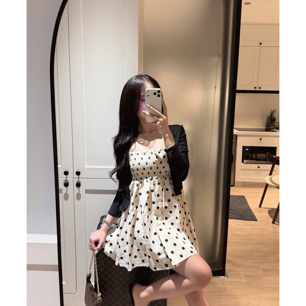 ✿ 𝙢𝙮𝙥𝙝.𝙨𝙩𝙪𝙙𝙞𝙤 ✿ SET VÁY 2S CHẤM BI + CARDIGAN