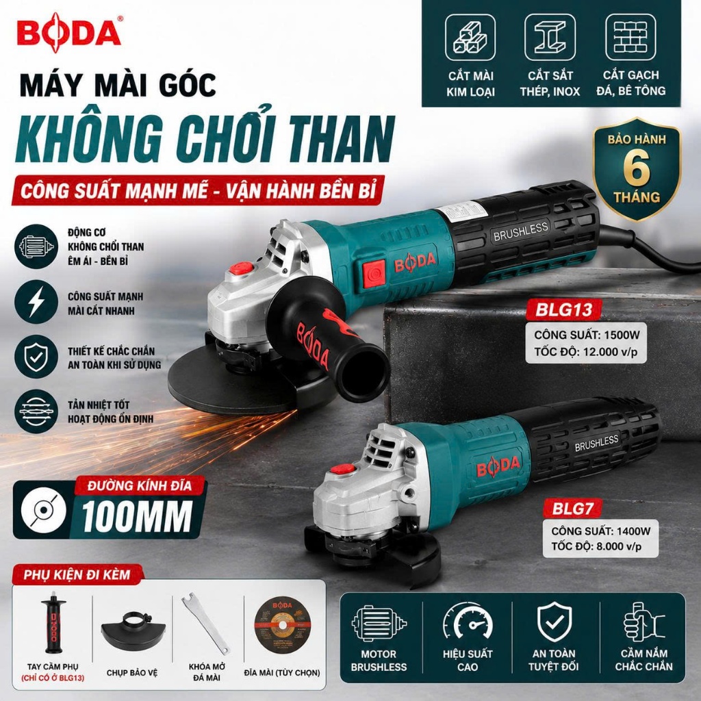 Máy Mài Góc Không Chổi Than BODA  BLG13 - BLG7   – Đĩa 100mm, Công Suất Mạnh, Điện 220V Chính Hãng B