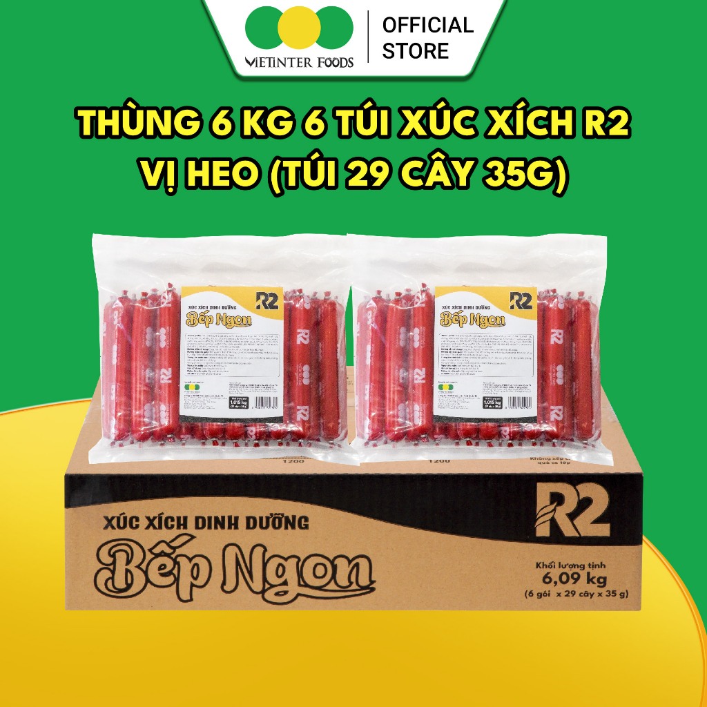 Thùng 6 Túi Xúc Xích Tiệt Trùng R2 Vietinter Foods (Túi 29 Cây, Cây 35g)