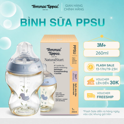 Bình Sữa PPSU Ty Siêu Mềm Tự Nhiên Tommee Tippee Natural Start 260ml, Núm Ty Của Bình 3-6 Tháng, Hoạ Tiết Xanh