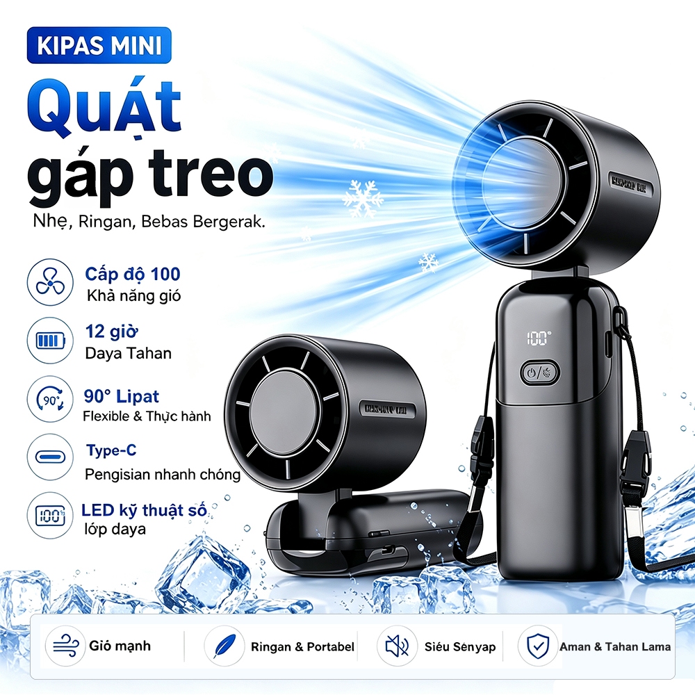 Qimedo Quạt Cầm Tay 100 Bánh Răng Màn Hình LED Mát Kipas Angin Kecil Quạt Cầm Tay Gấp Gọn Tốc độ Cao