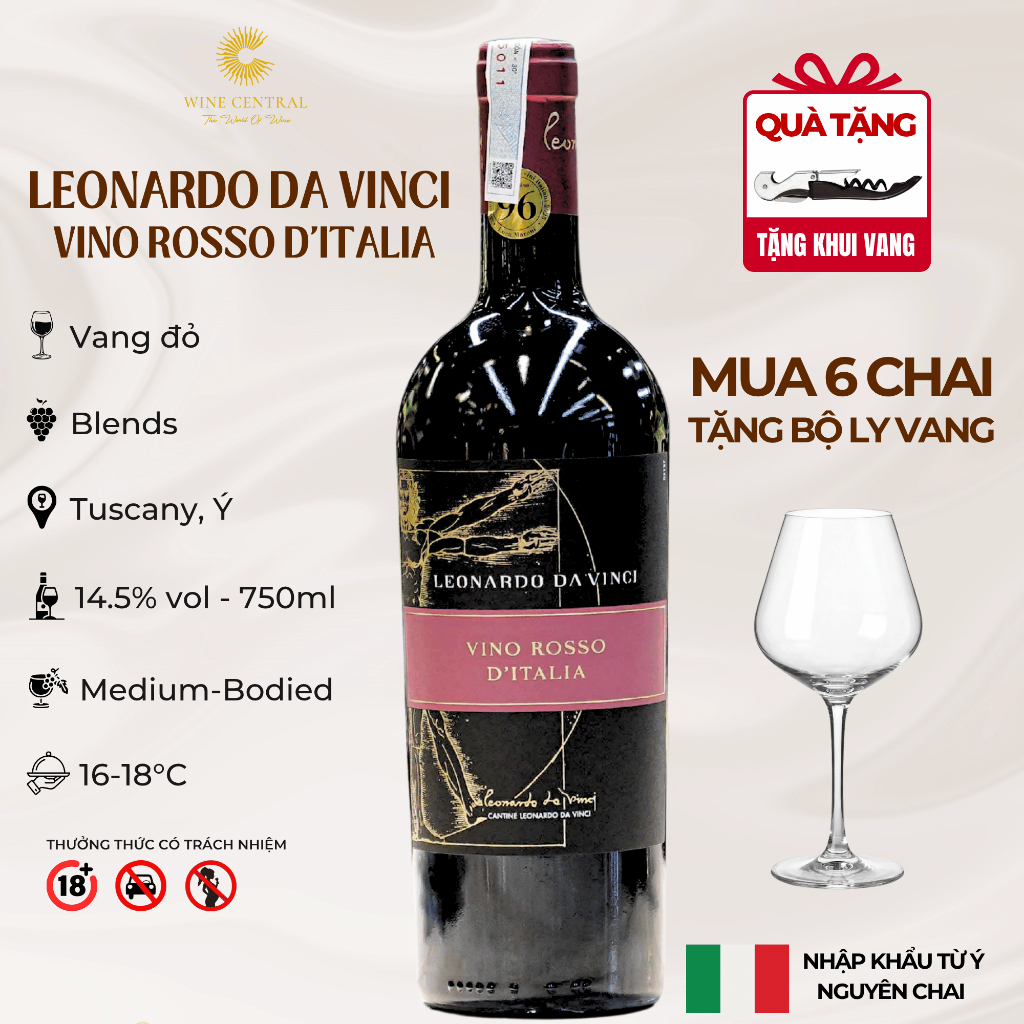 [Chính Hãng] - Rượu Vang Đỏ Ý (1502) Leonardo Da Vinci -Vino Rosso D'Italia 750ml (14,5%) - WINE CEN