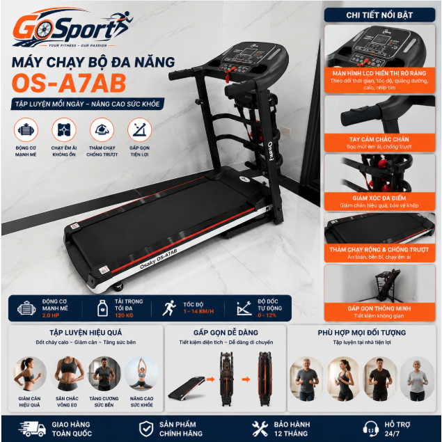 Máy Chạy Bộ Điện Đa Năng A7S-A7AB 2.5HP Kèm Đai Massage, Tạ Tay, Gập Gọn, Tập Gym Tại Nhà, Bảo Hành 
