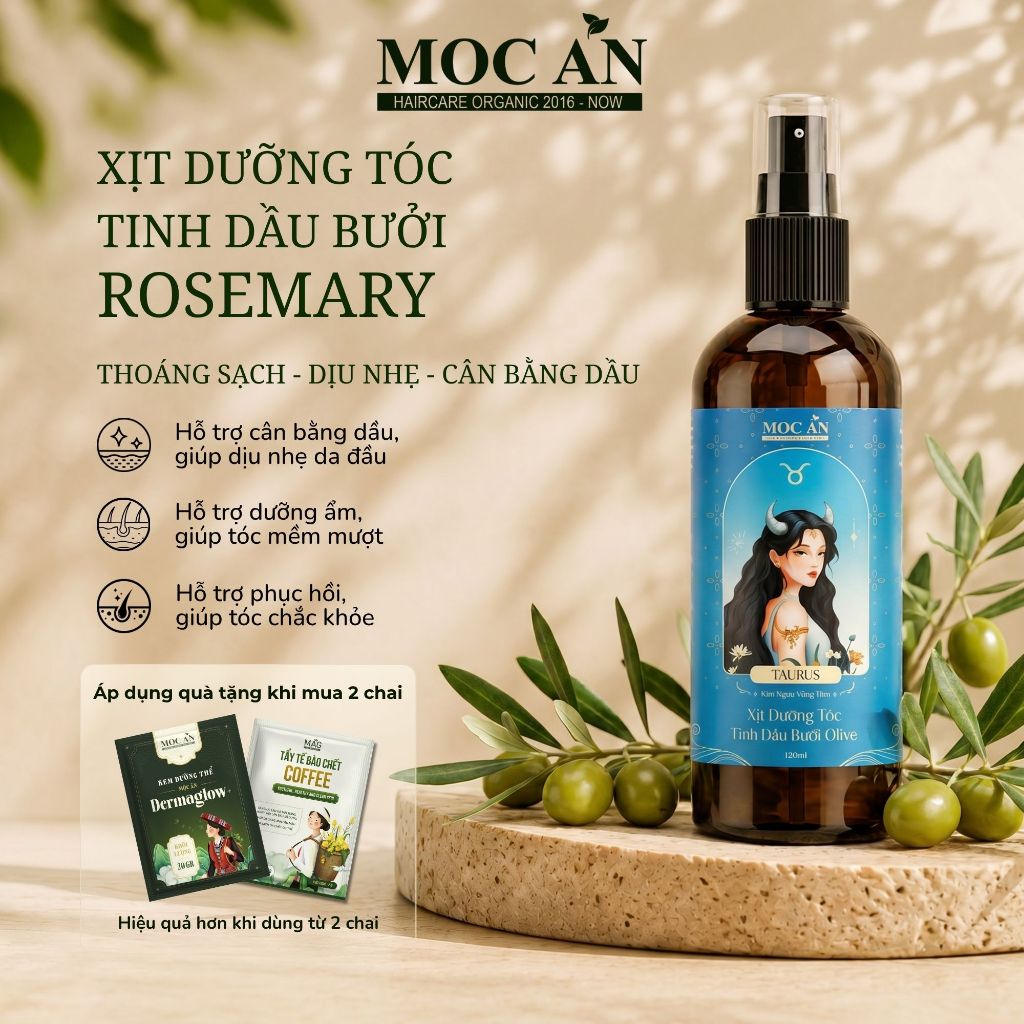 Xịt Dưỡng Tóc MOC AN HAIRCARE ORGANIC 2016 - NOW Chiết Xuất Tinh Dầu Vỏ Bưởi Da Xanh & Olive 120ml