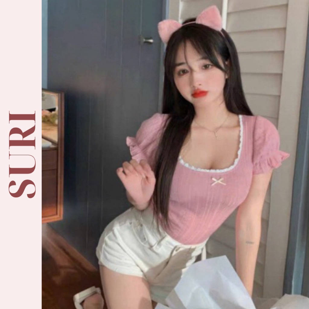 Áo thun hoạ tiết ôm nữ cổ vuông tay ngắn phối ren dễ thương AC001