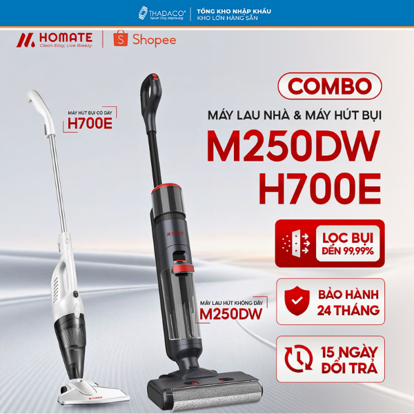 [ COMBO SỐC ] Máy Lau Nhà Homate M250DW + Máy Hút Bụi Giá Rẻ Homate H700E, Sử Dụng Hepa Lọc Bụi Sạch