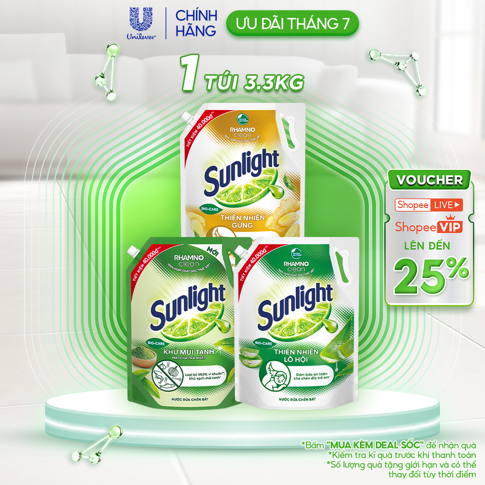 Nước rửa chén Sunlight Bio-care với thành phần từ 100% tự nhiên Túi 3.3kg