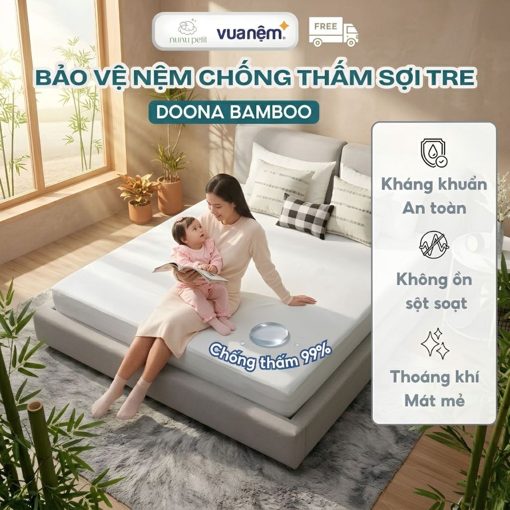 Bảo vệ nệm Doona Bamboo Sợi Tre Nunupetit Vua Nệm 30cm chống bụi bẩn nấm mốc, khử mùi thoáng khí, th