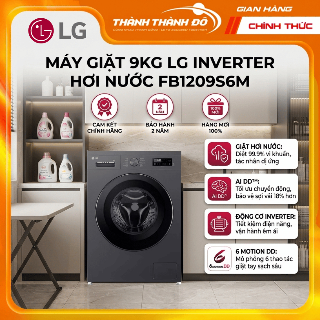 [CHÍNH HÃNG] Máy giặt lồng ngang 9kg LG FB1209S6M - Inverter hơi nước - Steam™ - Công nghệ giặt 6 Mo