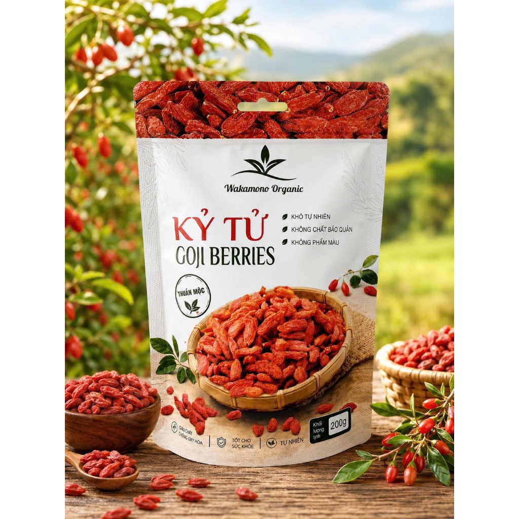 Live Kỷ tử đỏ Wakamono Organic của vùng Ninh Hạ không sấy lưu huỳnh, không chất bảo quản, ngọt, dẻo,