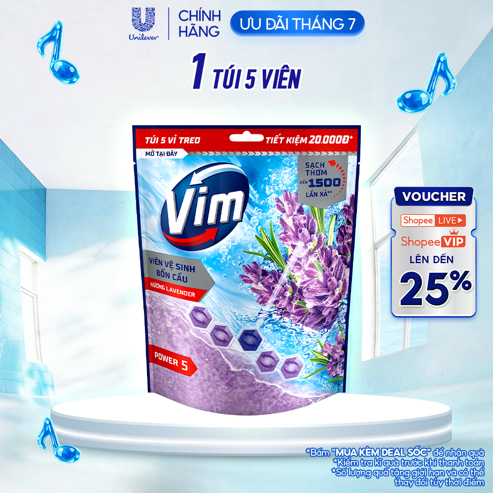 Túi 5 Viên Treo Vệ Sinh Bồn Cầu Vim Power 5 | Sạch Thơm Đến 300 Lần Xả (50g/viên)
