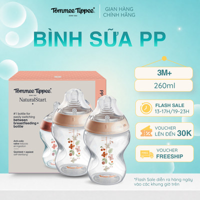 Bình Sữa PP Ty Siêu Mềm Tự Nhiên Tommee Tippee Natural Start 260ml, Núm Ty Của Bình 3-6 Tháng, Hồng (Bình Đôi, Tách Lẻ)