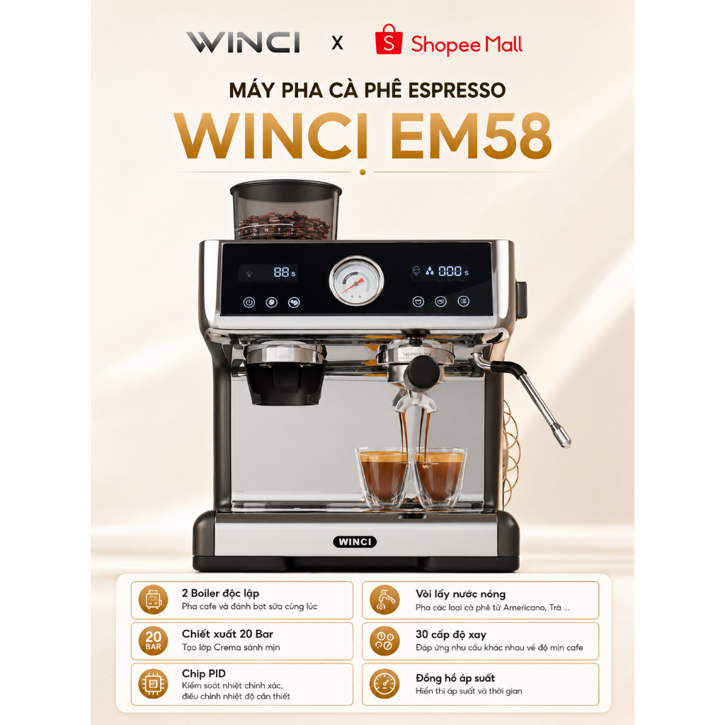 [Bao Gồm VAT] Máy Pha Cà Phê Tự Động Winci EM58, 20 Bar, Pha Espresso, Latte, Capuchino. Bảo Hành 1 