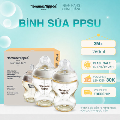 Bình Sữa PPSU Ty Siêu Mềm Tự Nhiên Tommee Tippee 260ml, Núm Ty Của Bình 3-6 Tháng (Bình Đôi)