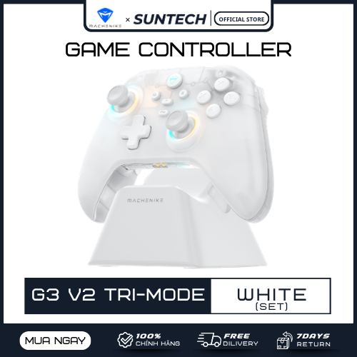 Tay Cầm Chơi Game Machenike G3 V2 Tri-mode White - Joystick Hall Effect, LED RGB, Kèm Dock Sạc, Chín