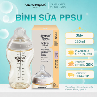 Bình Sữa PPSU Ty Siêu Mềm Tự Nhiên Tommee Tippee Natural Start 340ml, Núm Ty Đi Kèm 3-6 Tháng