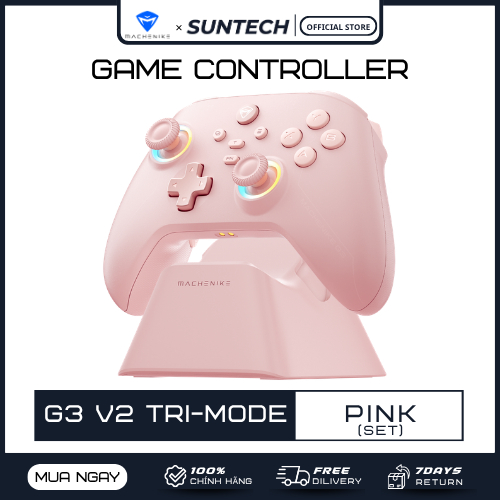 Tay Cầm Chơi Game Machenike G3 V2 Tri-mode Pink - Joystick Hall Effect, LED RGB, Kèm Dock Sạc, Chính