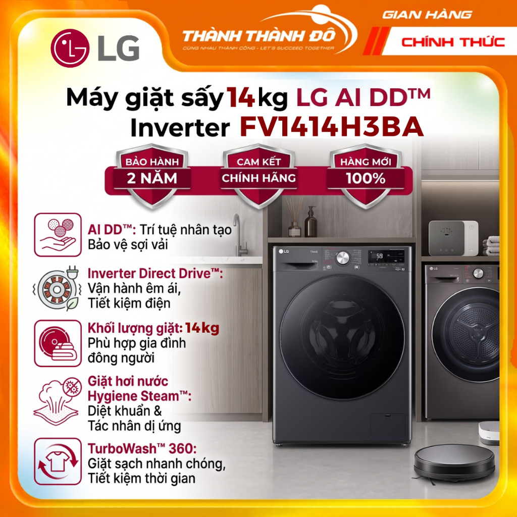 [CHÍNH HÃNG] Máy giặt sấy lồng ngang 14kg LG FV1414H3BA - AI DD Inverter - Giặt 14kg - sấy 8kg